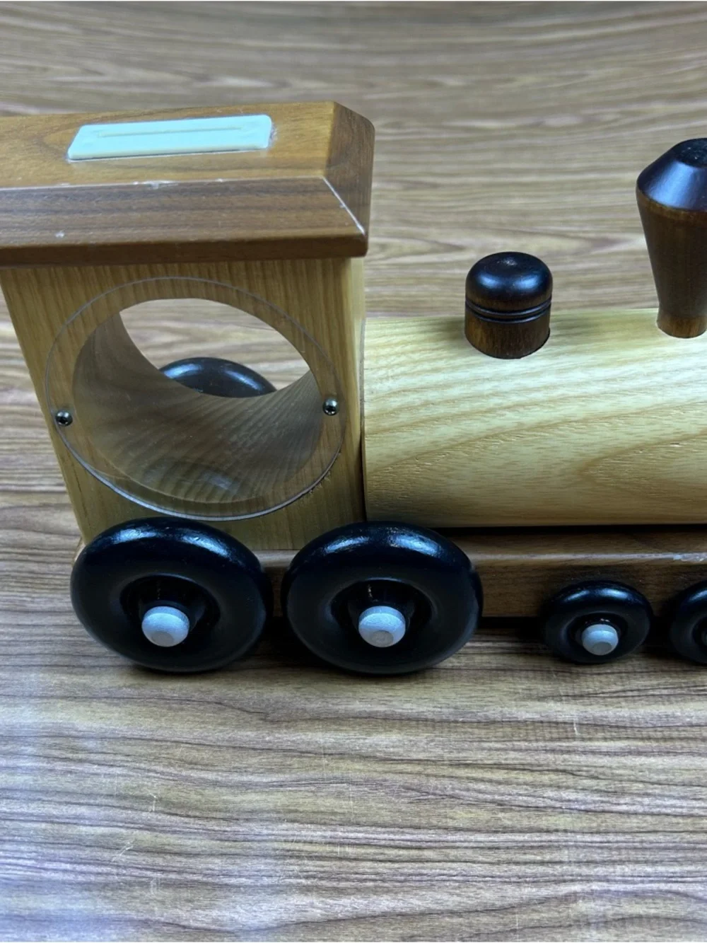 Vintage Amish Wooden Train Coin Bank Handmade Turning Wheels